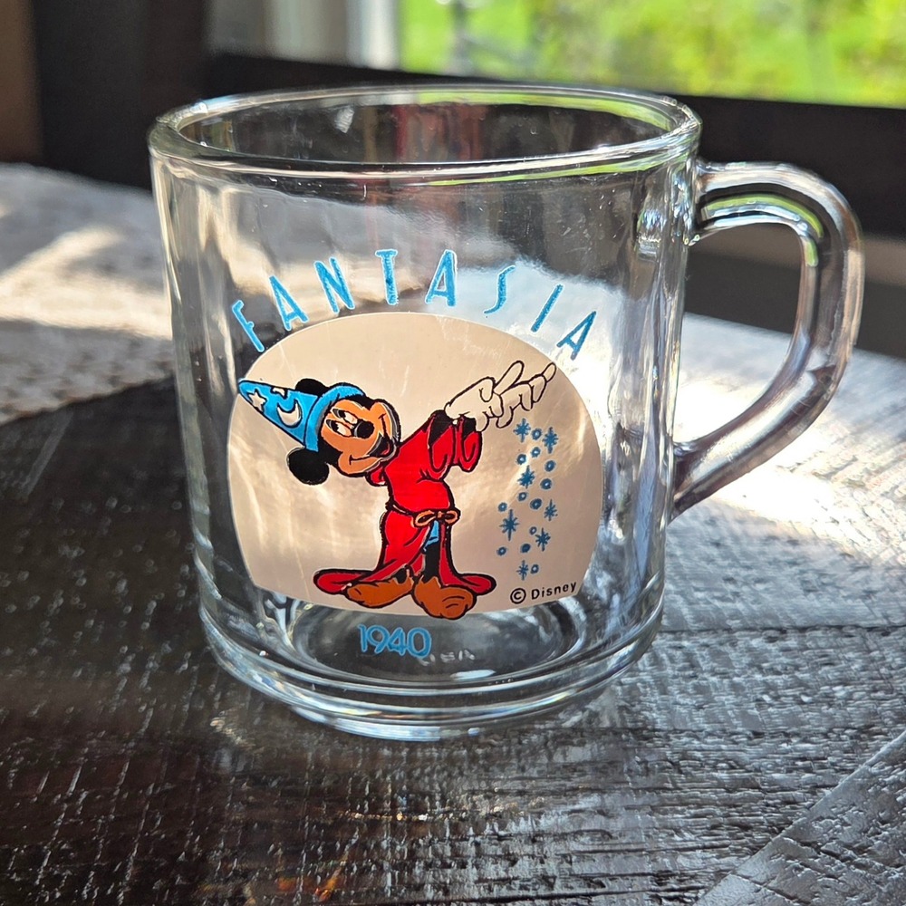 Disney Fantasia 1940 Sorcerer Mickey Mouse Glass Mug Clear Vintage USA Made